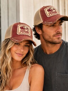 Mason Jar Label “Roam” Bison Unisex Vintage Distressed Trucker Hat NWOT